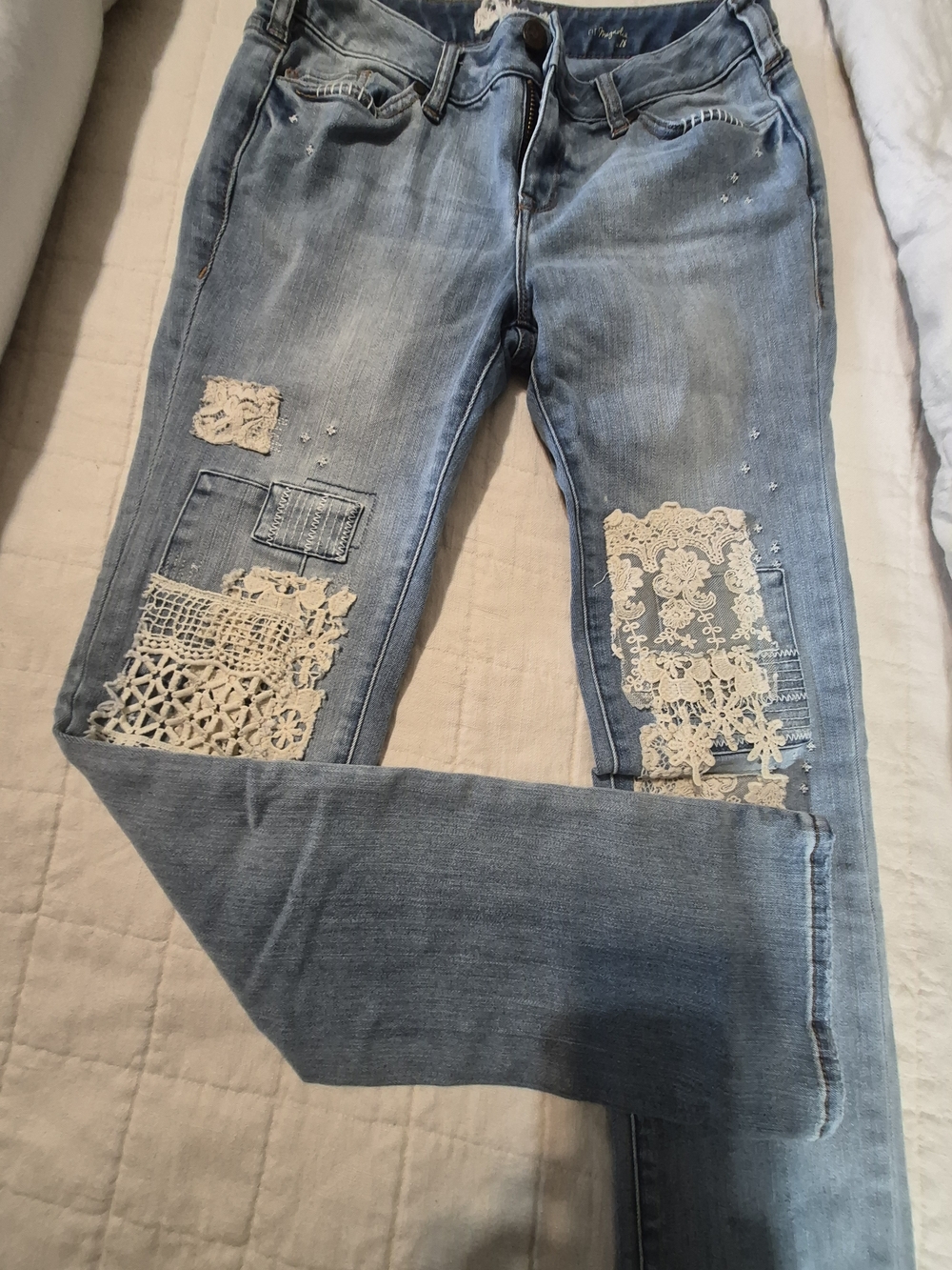 Sundance Light Blue Straight-Leg Jeans with Cream Lace Trim - Picture 2 of 2